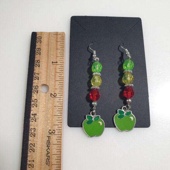 Green Apple Beaded Dangle Earrings Teacher Gift Day Care Fish Hook 3 Inch Long - Picture 3 of 4